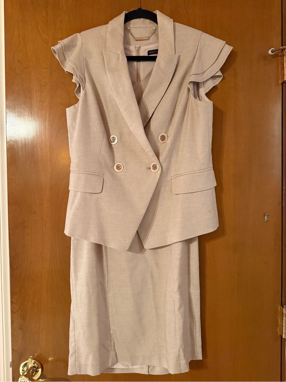 Darling White House Black Market Beige Double-Breasted Midi Sheathand Jacket Set